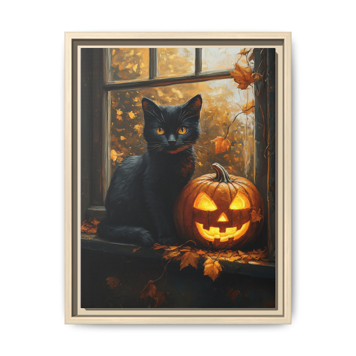 Black Cat wall art framed canvas print in a natural wood frame