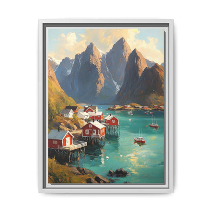 Norway Fjord wall art framed canvas print in a white wood frame