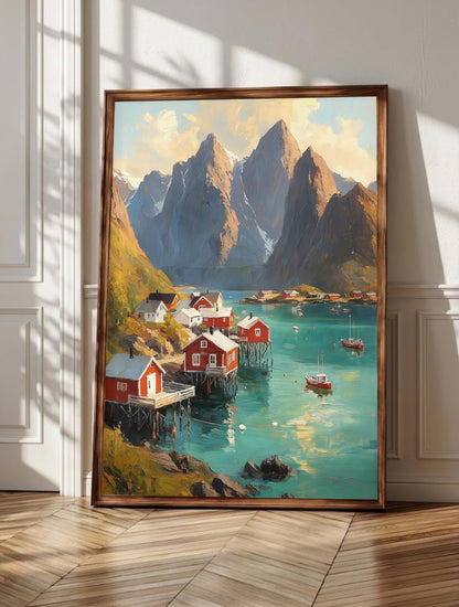 Norway fjord wall art: red rorbu cabins lining the turquoise water at Reine
