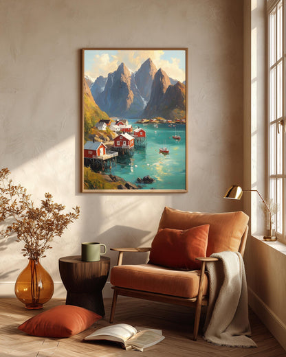 Norwegian fjord framed canvas art printed on cotton canvas, ready to hang