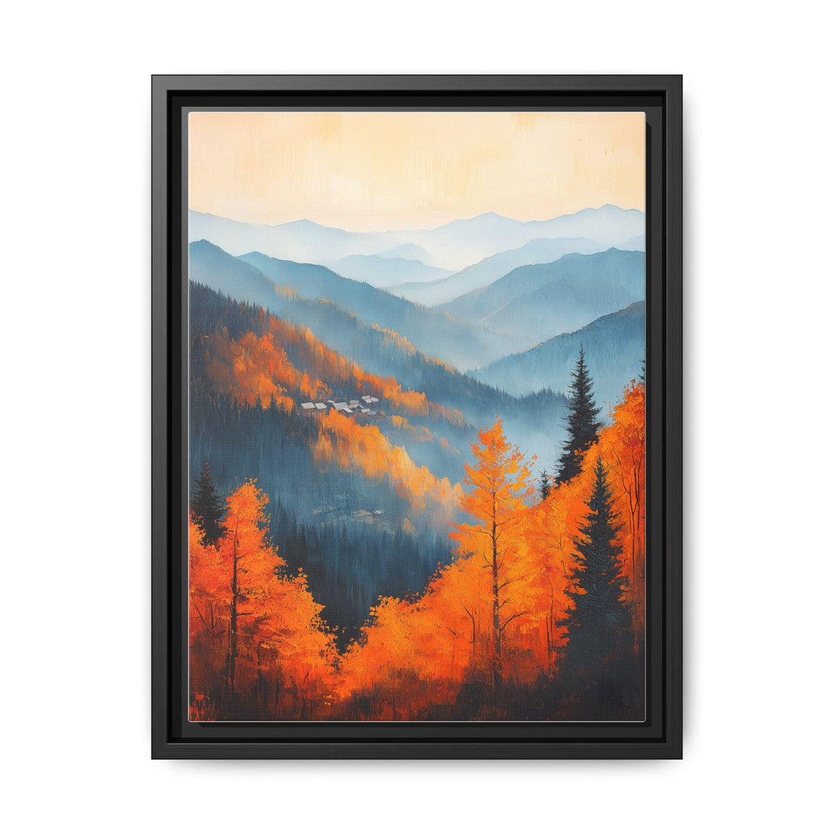 Smoky Mountains wall art framed canvas print in a black wood frame