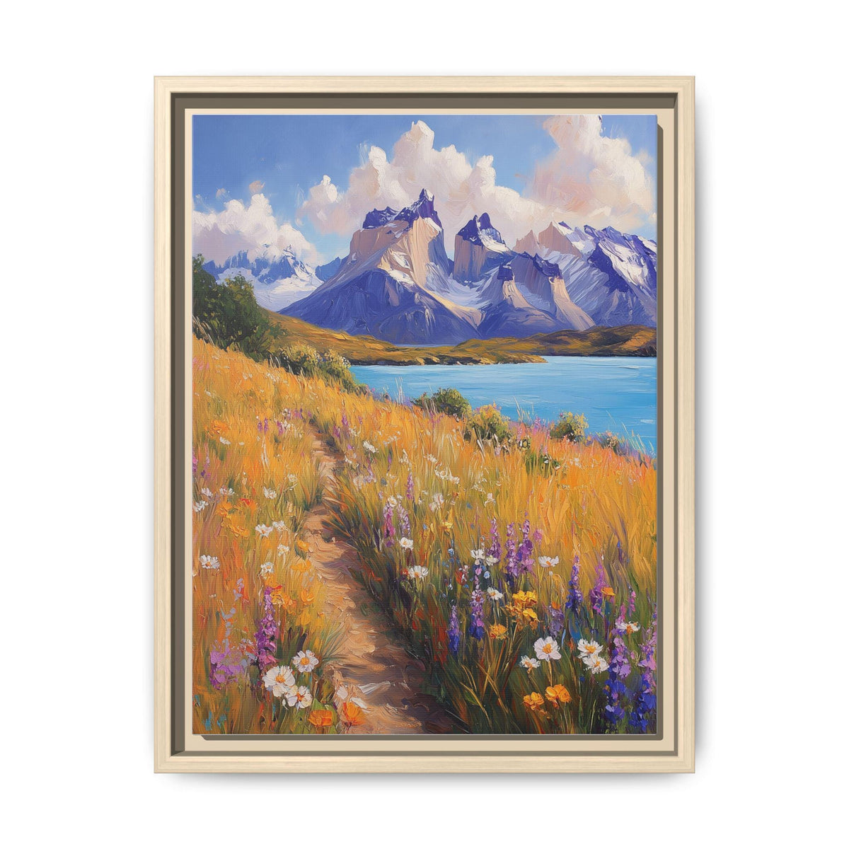Torres del Paine wall art framed canvas print in a natural wood frame