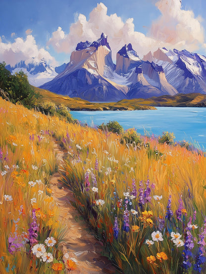 Patagonia canvas print with a wildflower trail painted in loose oils