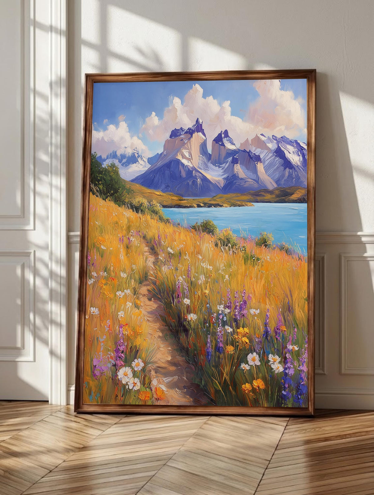 Torres del Paine wall art: granite towers above Lago Pehoe and golden steppe