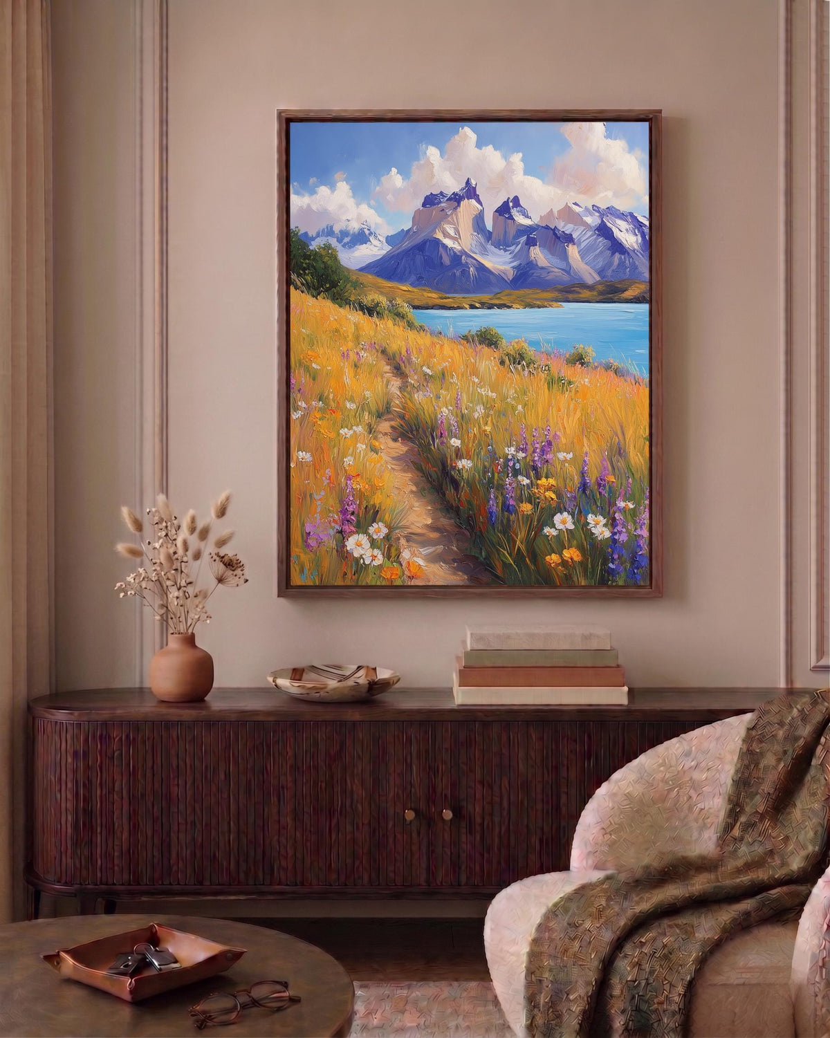 Torres del Paine framed canvas in a solid wood frame, ready to hang