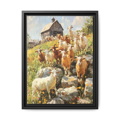 Goat wall art framed canvas print in a black wood frame