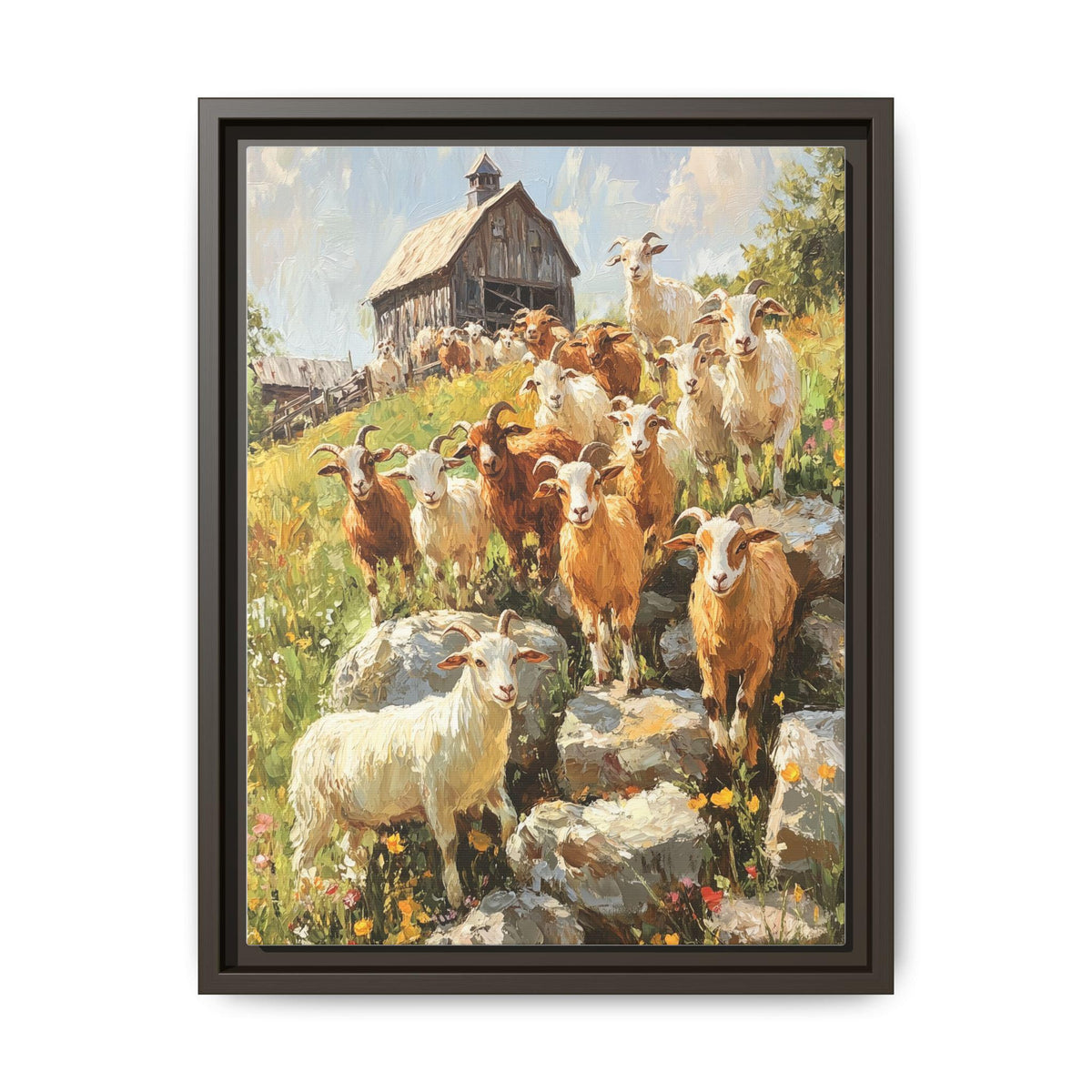 Goat wall art framed canvas print in an espresso wood frame