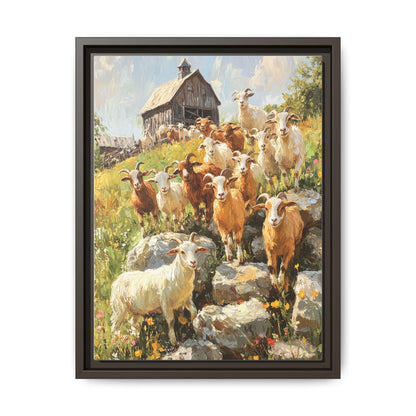 Goat wall art framed canvas print in an espresso wood frame