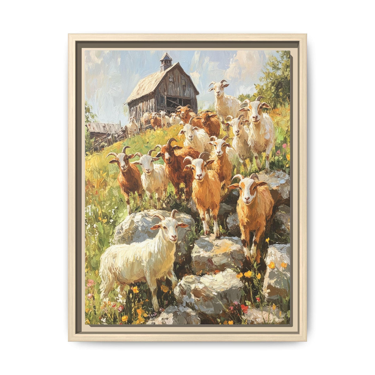 Goat wall art framed canvas print in a natural wood frame