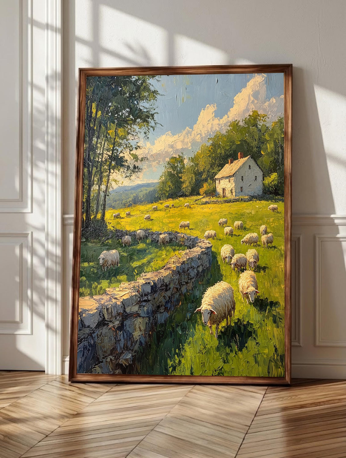 Sheep wall art: a flock grazing by a weathered stone wall below rolling green hills
