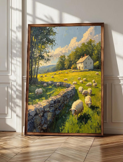 Sheep wall art: a flock grazing by a weathered stone wall below rolling green hills