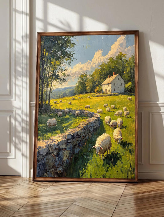 Sheep wall art: a flock grazing by a weathered stone wall below rolling green hills