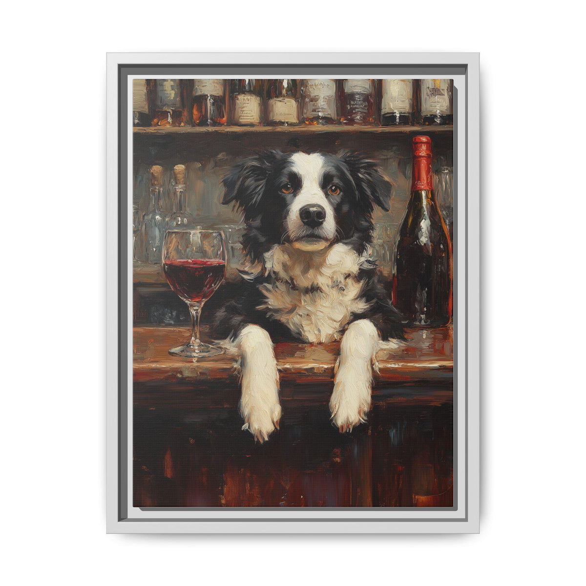 Border Collie framed canvas print in a white wood frame