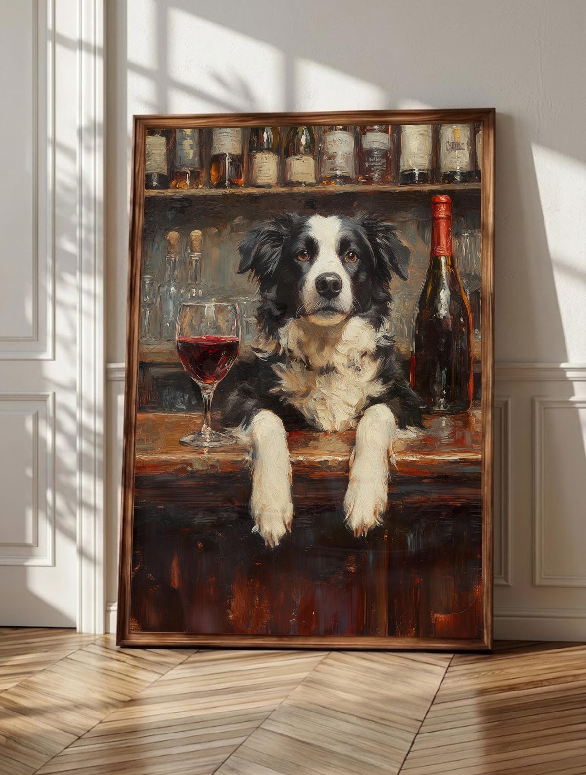 Border Collie wall art: the dog at a wine bar, paws up on the polished top, framed canvas
