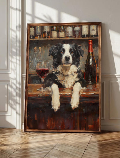 Border Collie wall art: the dog at a wine bar, paws up on the polished top, framed canvas