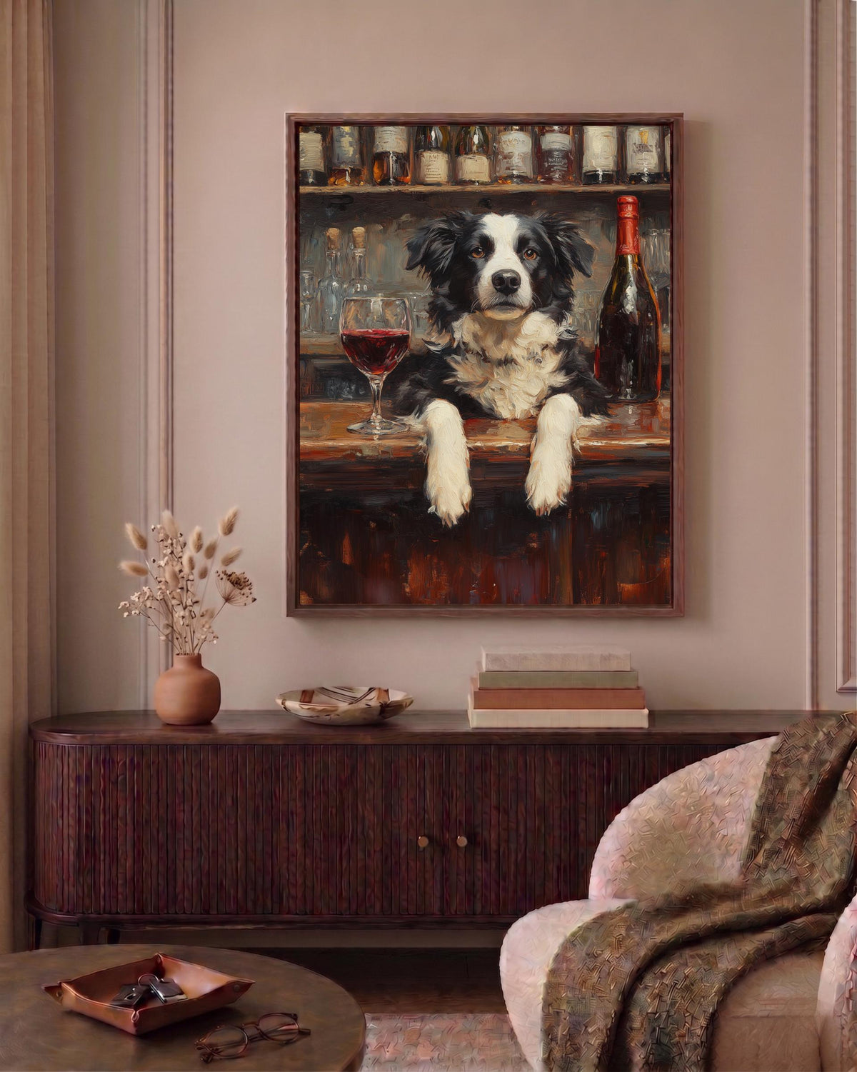 Wine bar dog framed canvas art set in a solid wood frame, ready to hang