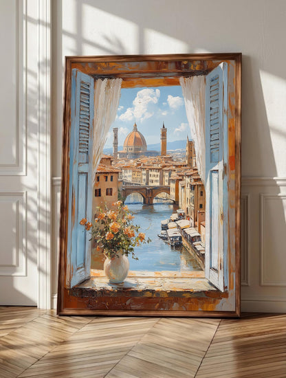 Duomo wall art: pale blue shutters opening on Florence's cathedral across the Arno
