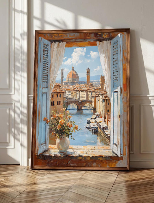 Duomo wall art: pale blue shutters opening on Florence's cathedral across the Arno