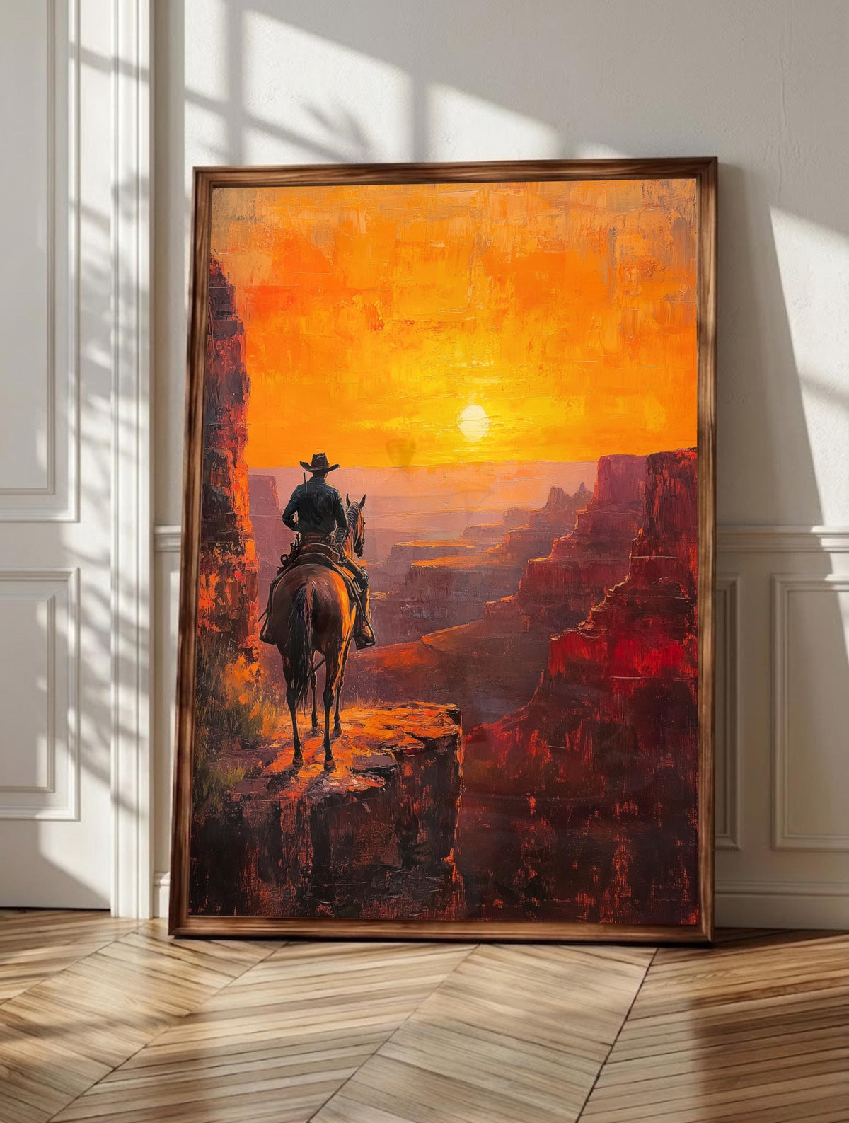 Grand Canyon wall art: a lone cowboy rider pausing at the canyon rim on horseback