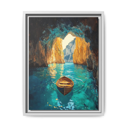 Blue Grotto wall art framed canvas print in a white wood frame