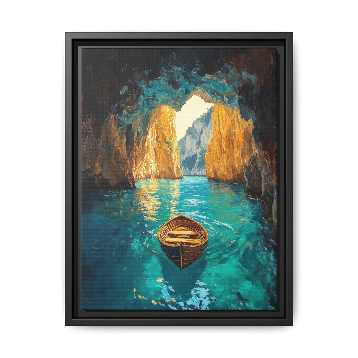 Blue Grotto wall art framed canvas print in a black wood frame