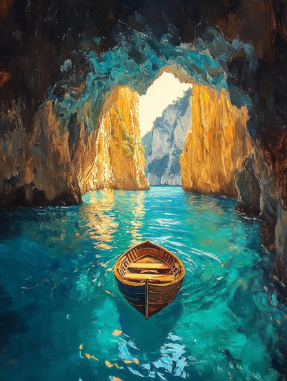Painterly Capri canvas print of a luminous sea cave and its still turquoise water