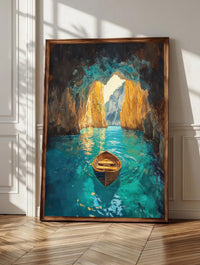 Blue Grotto wall art: a lone wooden rowboat on glowing turquoise water, framed canvas print