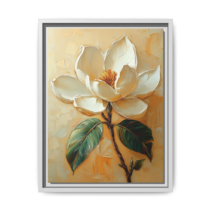 Magnolia wall art framed canvas print in a white wood frame