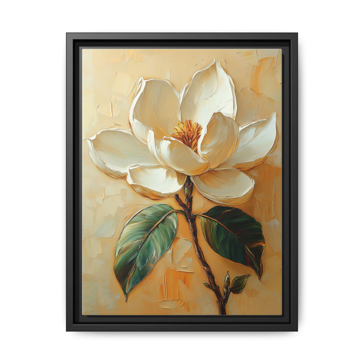 Magnolia wall art framed canvas print in a black wood frame