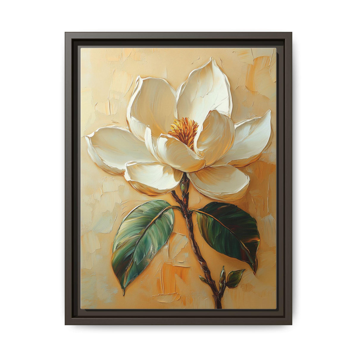 Magnolia wall art framed canvas print in an espresso wood frame