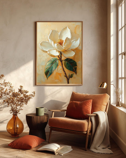 Southern floral study in cream, deep green and gold, made to order framed canvas