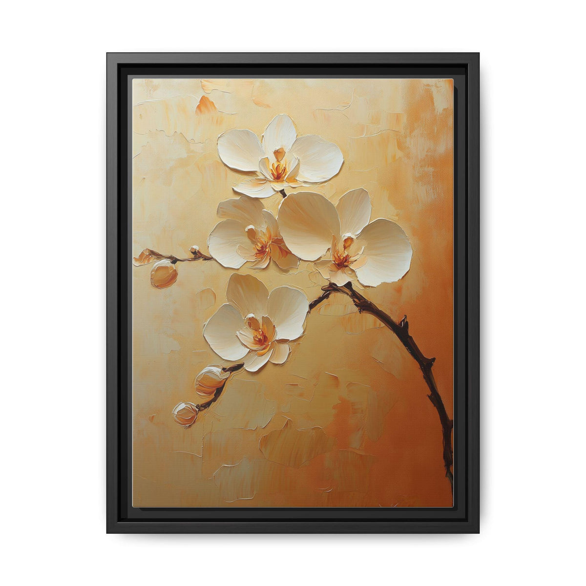 Orchid wall art framed canvas print in a black wood frame