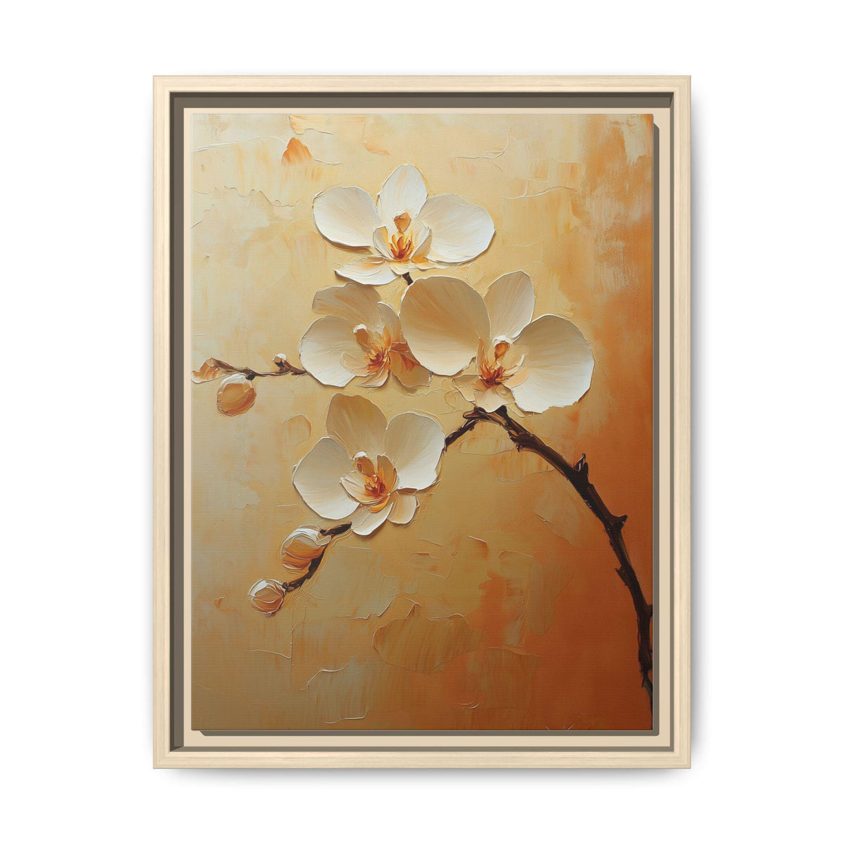 Orchid wall art framed canvas print in a natural wood frame