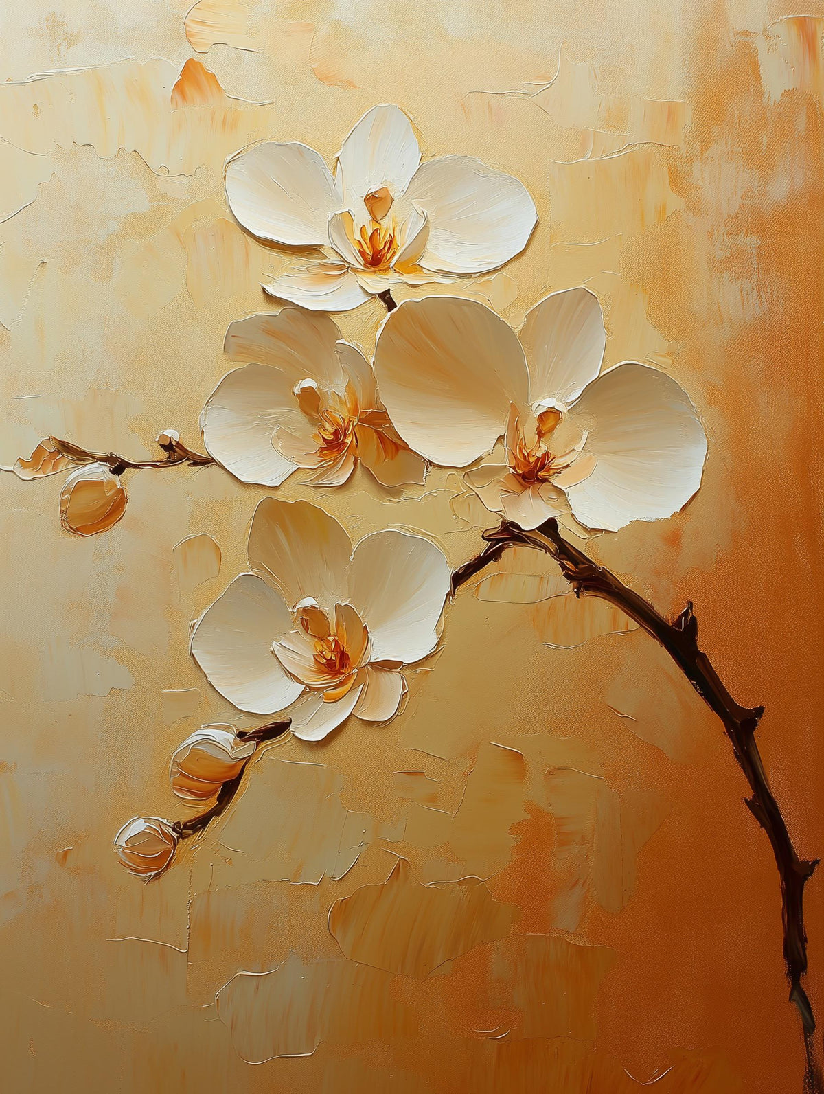 Painterly white orchid canvas print with petals built in thick impasto