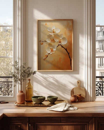 White orchid framed canvas art in a solid wood frame, ready to hang