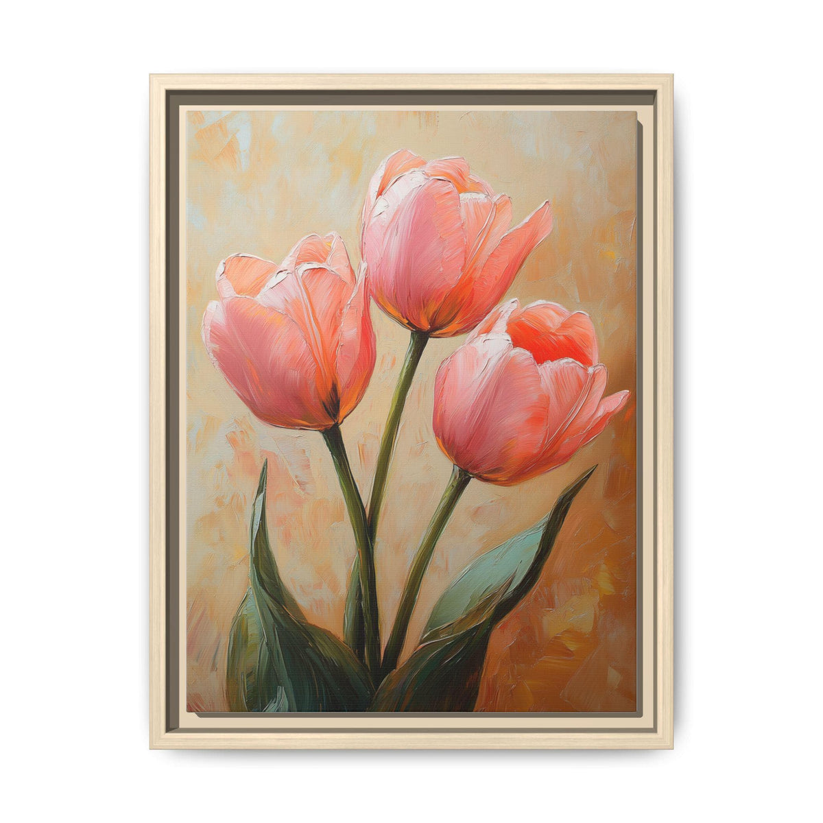 Tulip wall art framed canvas print in a natural wood frame