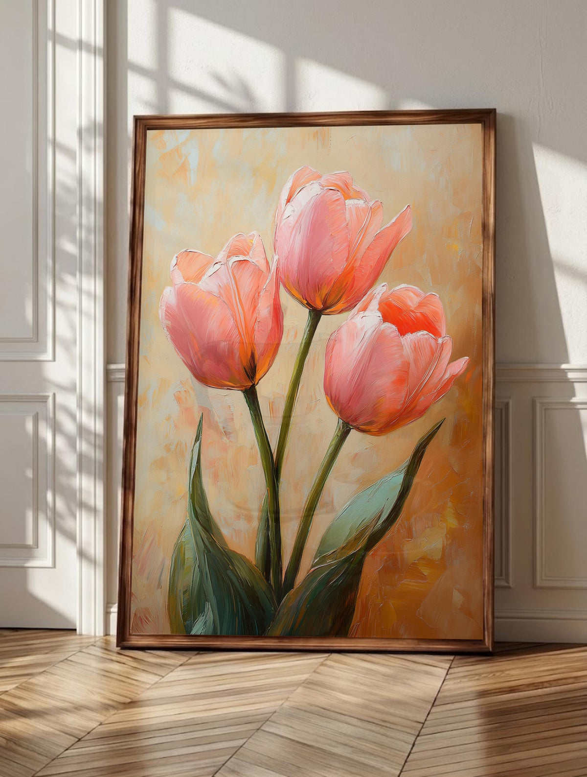 Tulip wall art: three pink tulip stems blooming against a warm golden ground