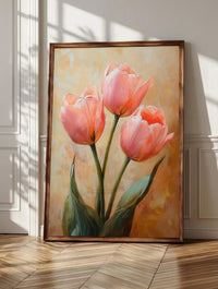 Tulip wall art: three pink tulip stems blooming against a warm golden ground