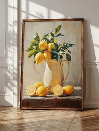 Lemon branch wall art: fruit and glossy leaves in a weathered pitcher, framed canvas print