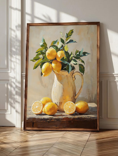 Lemon branch wall art: fruit and glossy leaves in a weathered pitcher, framed canvas print