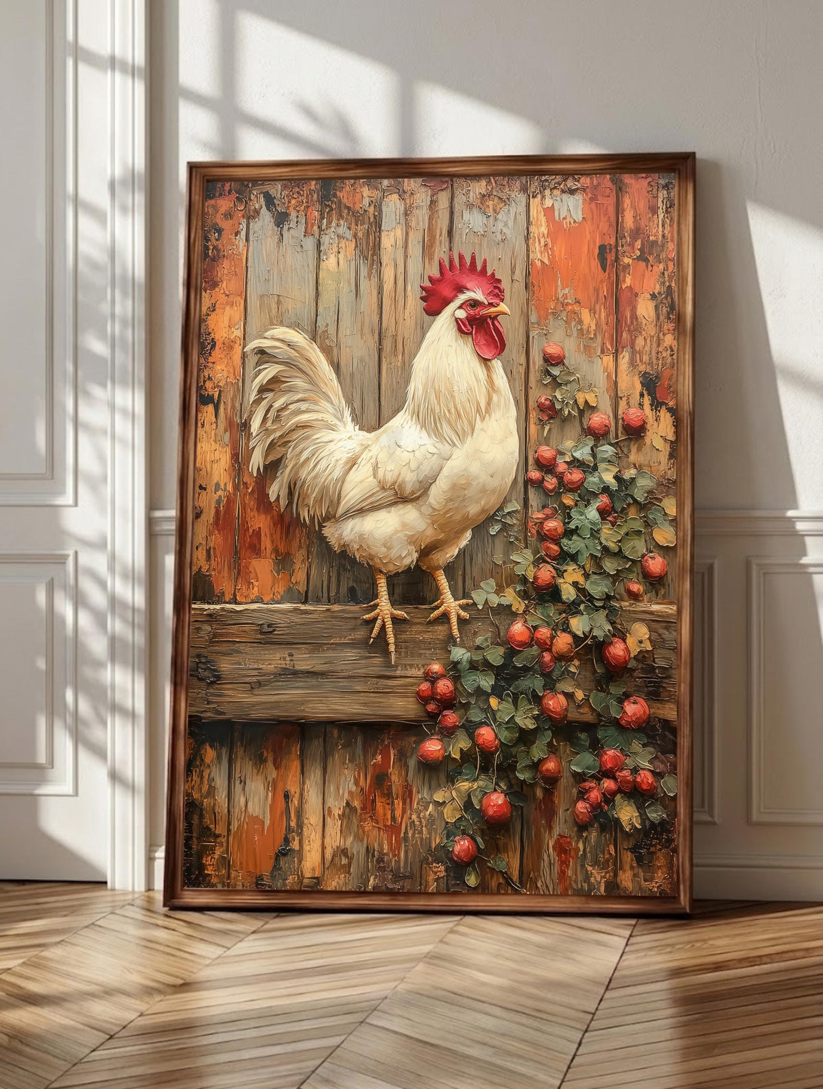 Rooster wall art: a white rooster perched on a rustic wooden fence rail