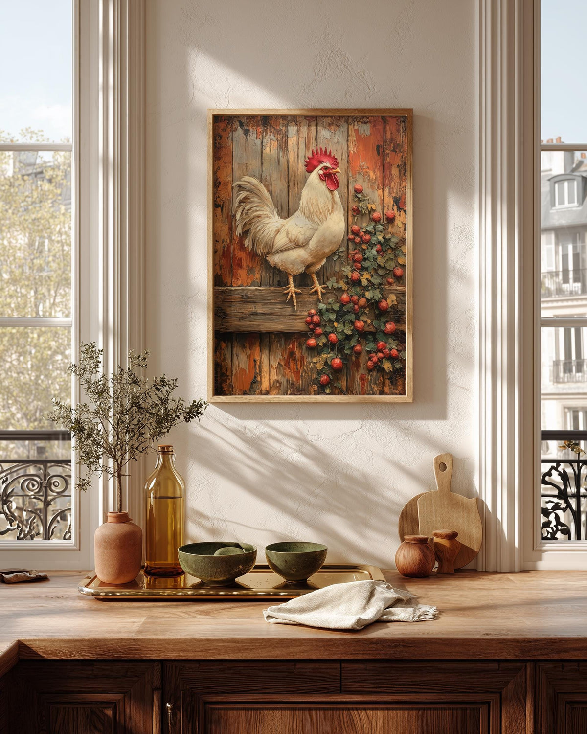 Oil-painting style barnyard print with red berry vines, made to order