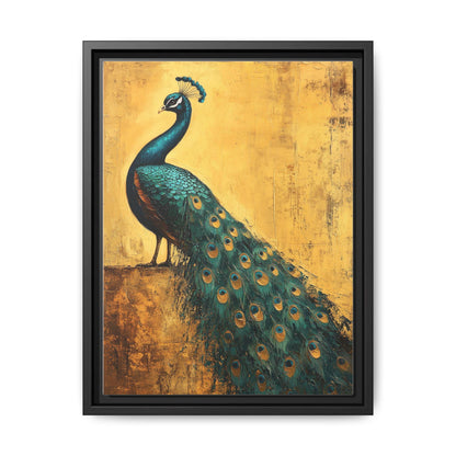 Peacock wall art framed canvas print in a black wood frame