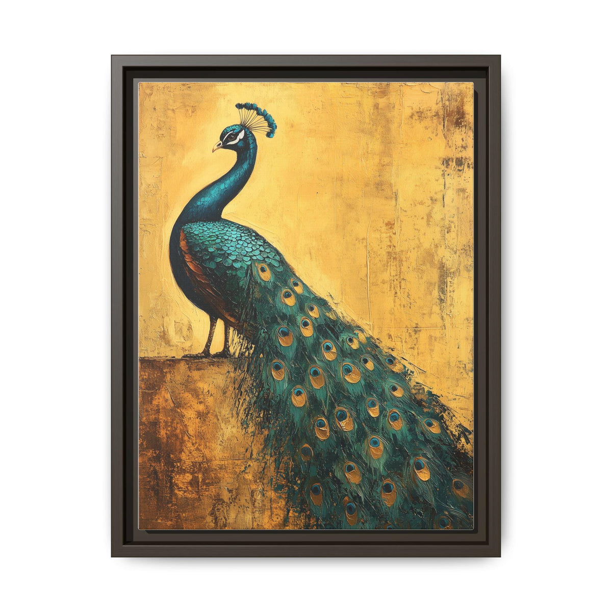 Peacock wall art framed canvas print in an espresso wood frame