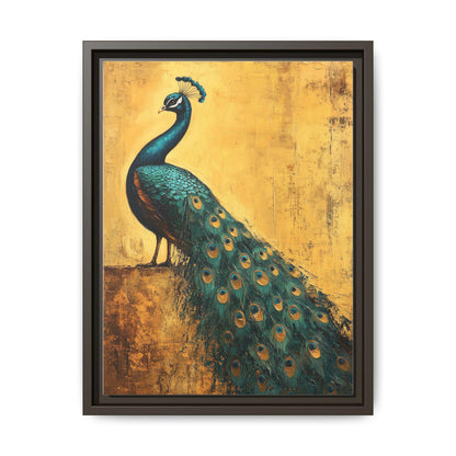 Peacock wall art framed canvas print in an espresso wood frame