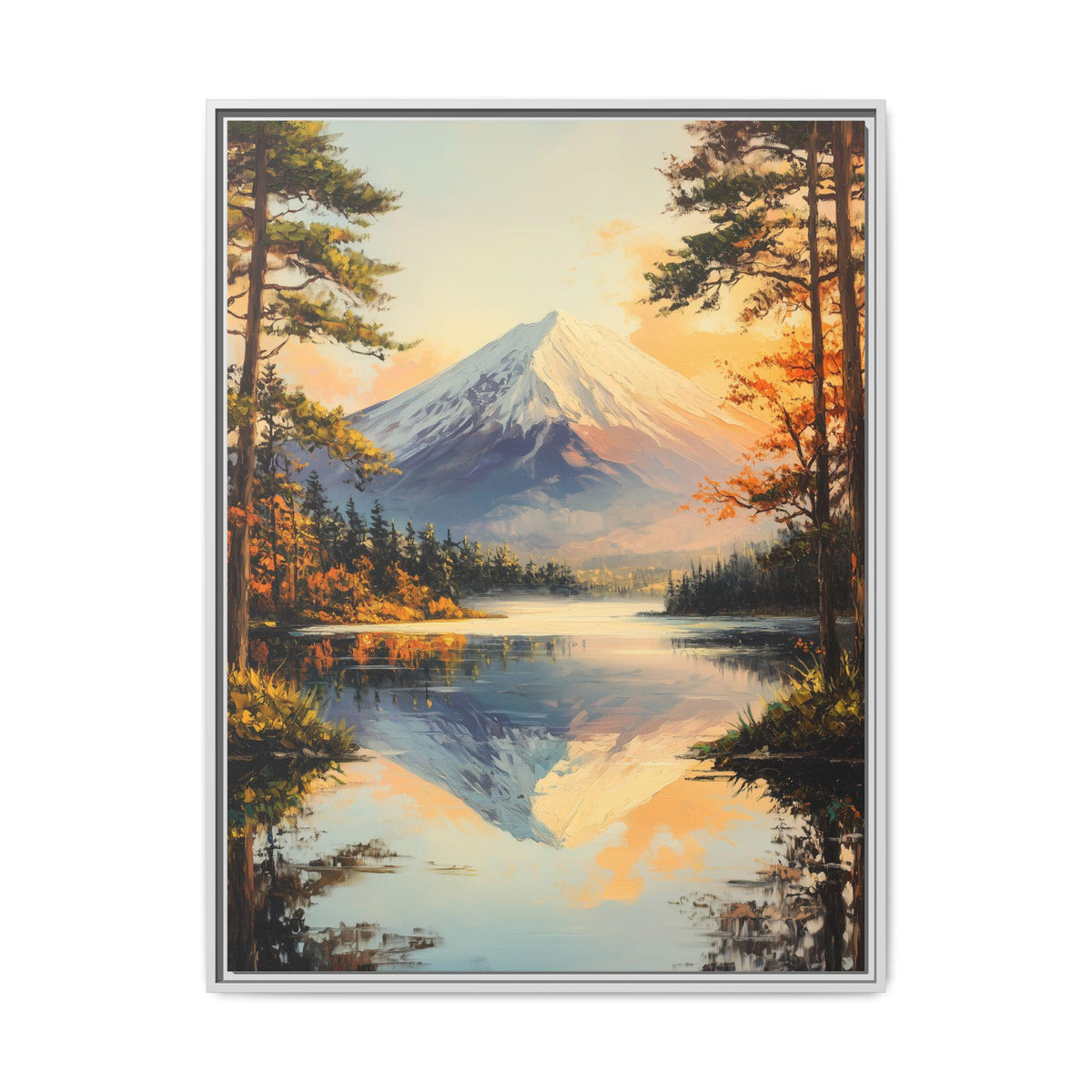 Mount Fuji wall art framed canvas print in a white wood frame
