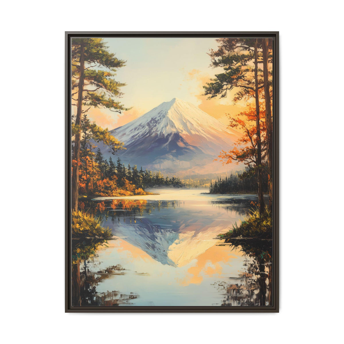 Mount Fuji wall art framed canvas print in an espresso wood frame