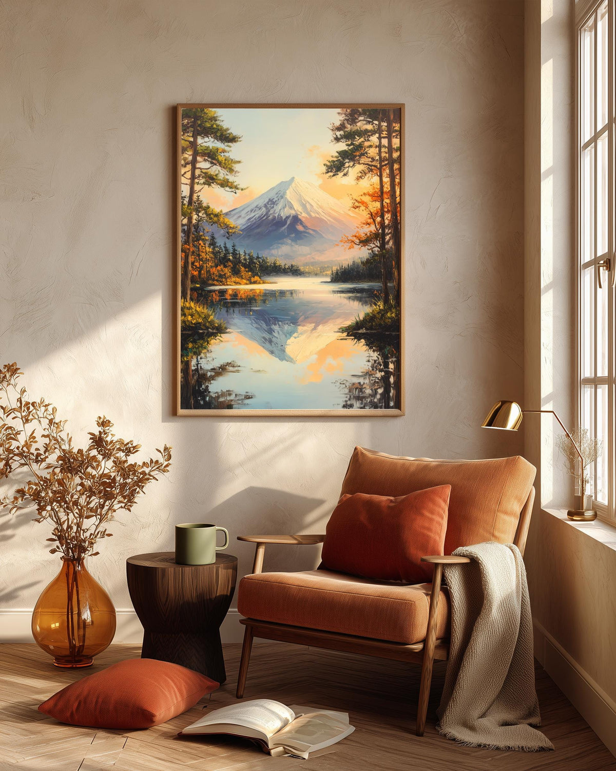 Painterly Japanese landscape in snow white, blue and amber, made to order
