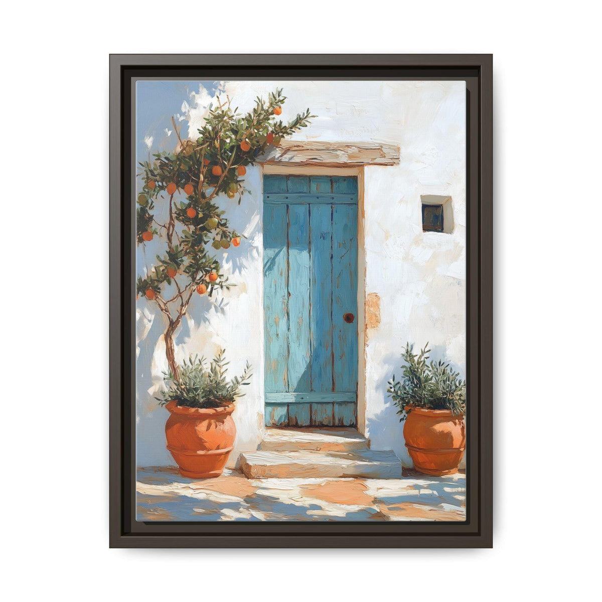 Turquoise Door wall art framed canvas print in an espresso wood frame