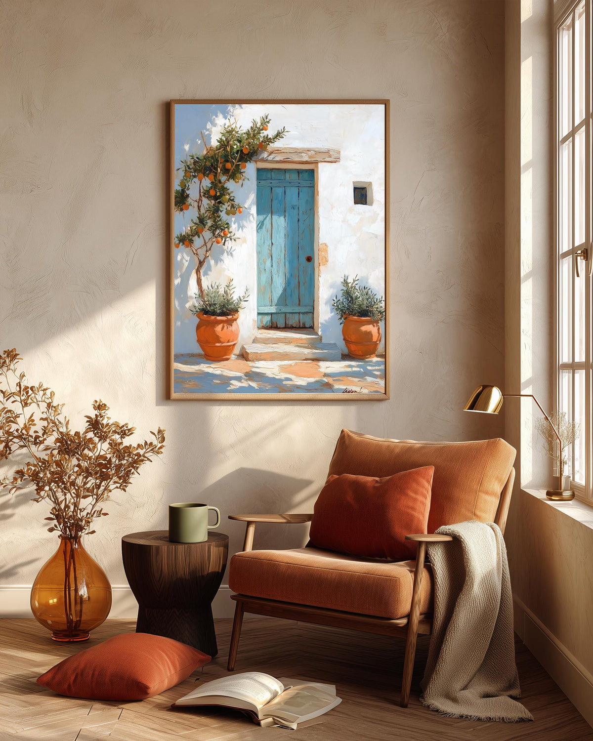 Greek door framed canvas in a handmade solid wood frame, ready to hang